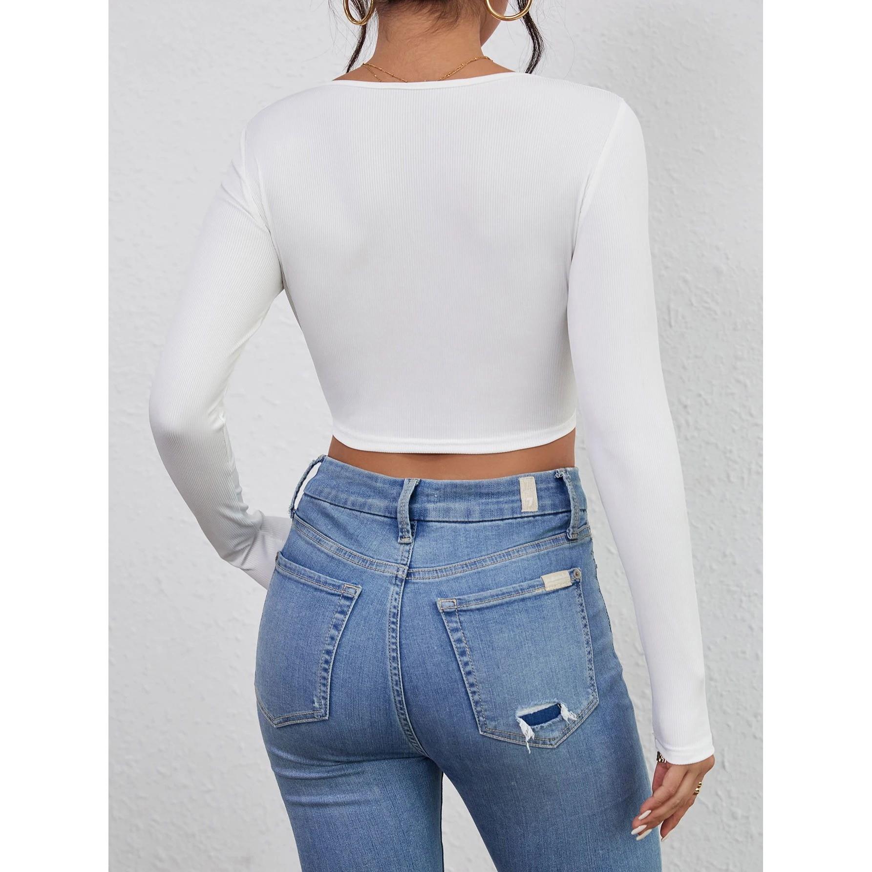 Squared Neck Cropped T-shirt, Casual Long Sleeve Solid T-shi