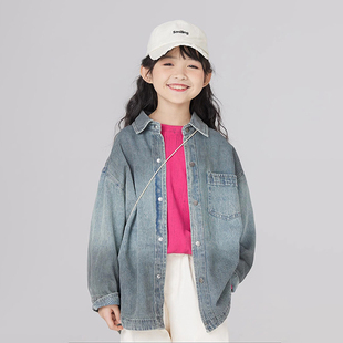 女童牛仔衬衫新款春秋季薄款中大童装百搭宽松外套男童渐变色衬衣
