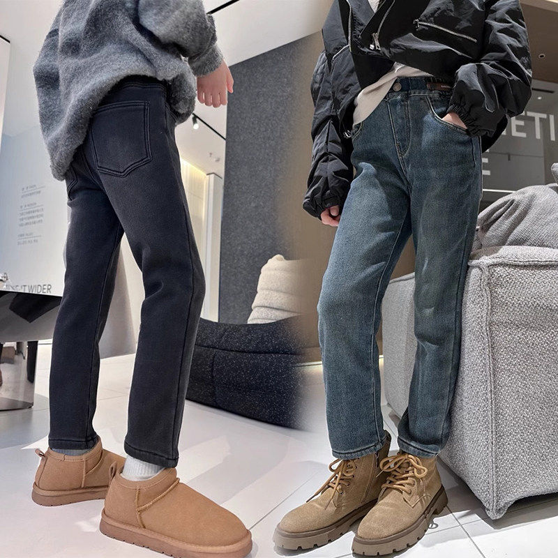 女童牛仔烟管裤儿童春秋季新款修身童装中大童冬款加绒加厚一体绒