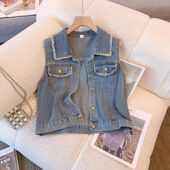 无袖 儿童设计感复古中大童装 坎肩背心 春秋季 女童毛边牛仔马甲新款