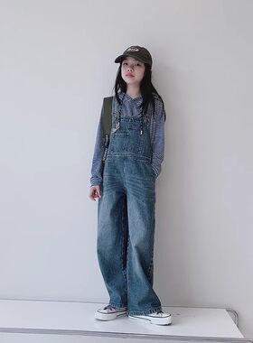 女童复古休闲宽松牛仔背带裤