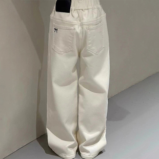 女童加绒直筒裤秋冬季新款中大儿童白色休闲加厚一体绒牛仔裤童装