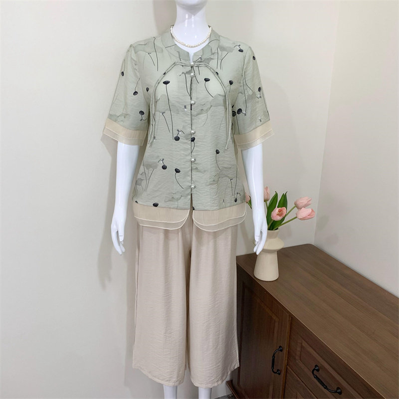 妈妈夏装短袖棉麻国风衬衫套装女