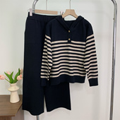 2025新款 妈妈秋装 休闲运动服套装 中老年女春秋条纹卫衣针织两件套