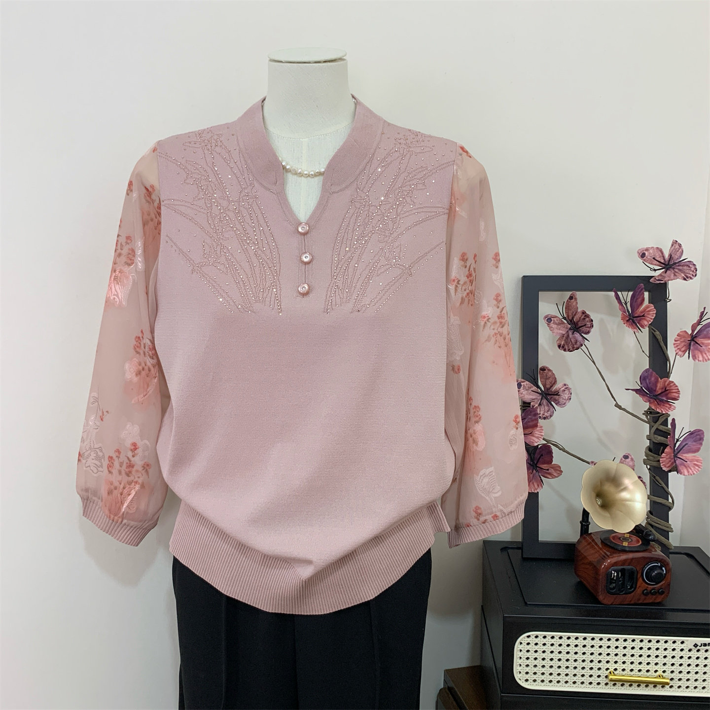 妈妈春装洋气中袖旗袍领针织T恤2026新款中老年女装春夏薄款上衣