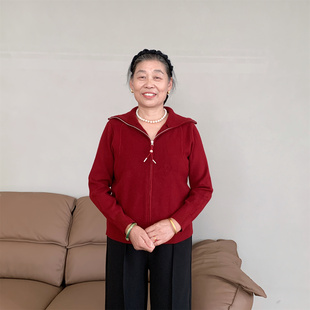 新款高级感翻领双拉链针织开衫上衣女中老年妈妈秋装气质减龄外套