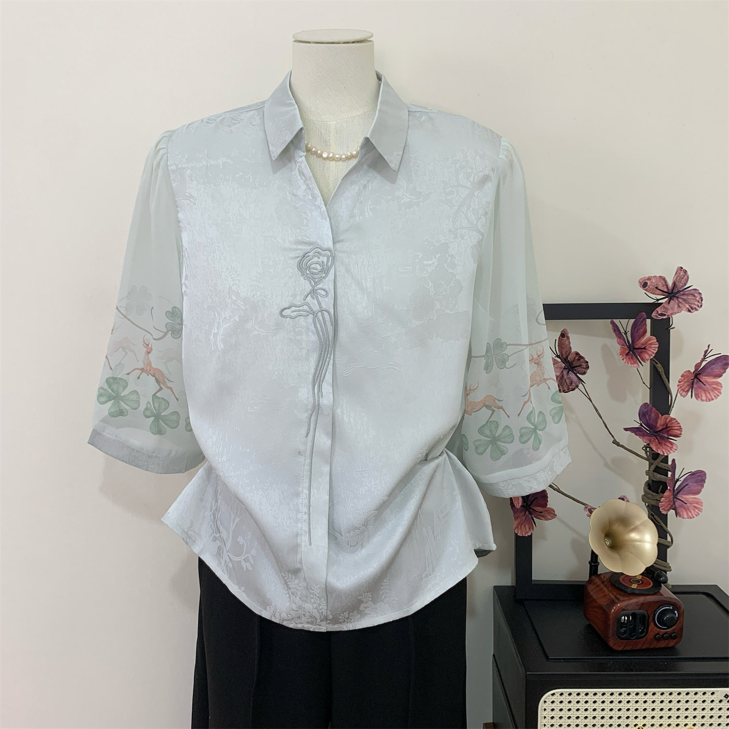 妈妈夏装七分袖洋气翻领小衫上衣
