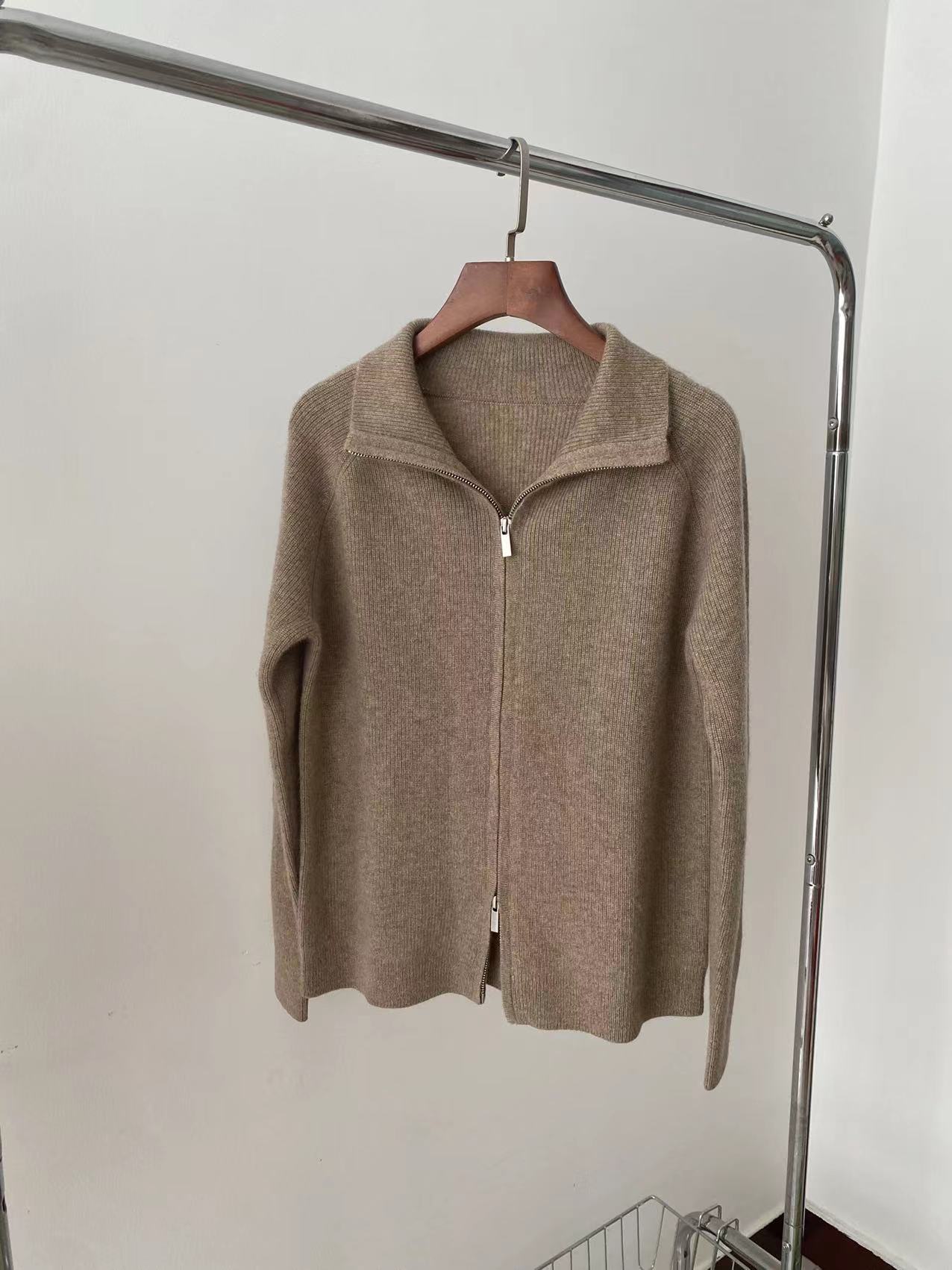 双股双拉链小翻领100%纯山羊绒毛衣外套开衫