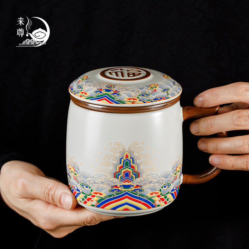 汝窑青花海浪办公室泡茶杯带把带过滤泡茶器茶水分离陶瓷杯水杯子