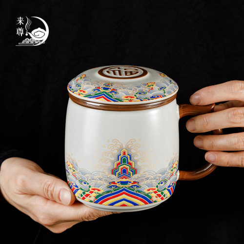 汝窑青花海浪办公室泡茶杯带把带过滤泡茶器茶水分离陶瓷杯水杯子