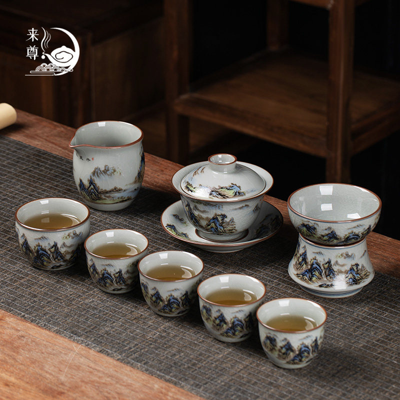 景德镇粉彩千里江山功夫茶具套装家用泡茶器青花瓷陶瓷盖碗茶杯子