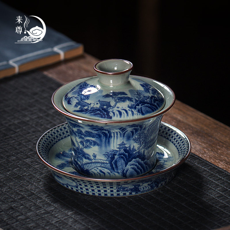 景德镇纯手工青花山水盖碗茶杯功夫三才碗家用陶瓷泡茶器茶碗单个