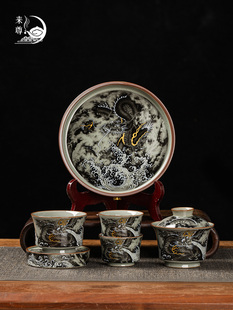 老陶泥墨龙出海马蹄盖碗茶杯套组办公室会客陶瓷泡茶碗干泡盘茶具