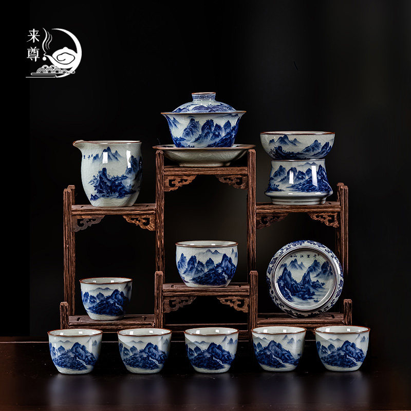 景德镇青花瓷盖碗茶杯功夫茶具小套装陶瓷泡茶碗家用办公会客整套