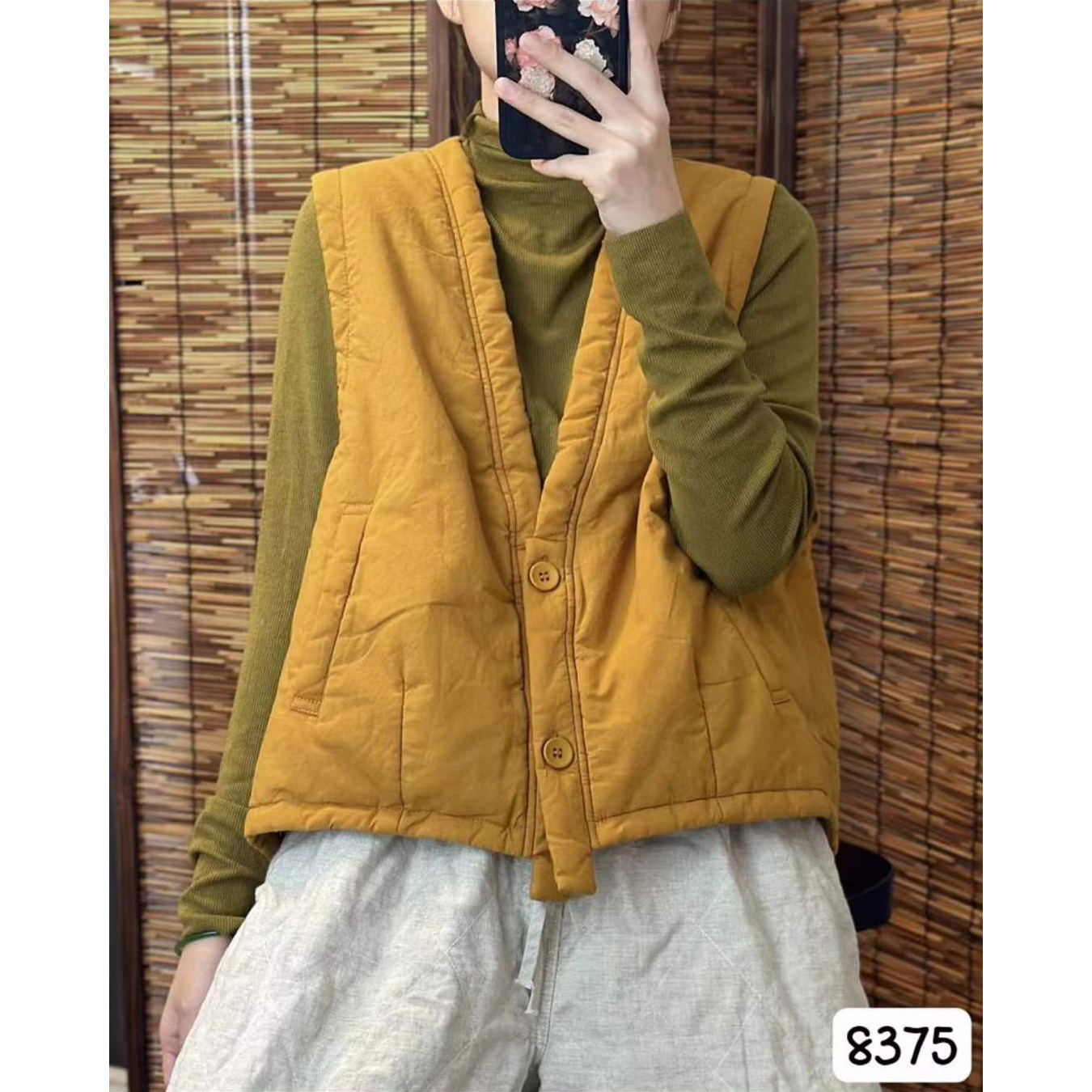 8375希哦正品棉质复古宽松V领夹棉保暖百搭休闲马甲女款秋冬外搭图片