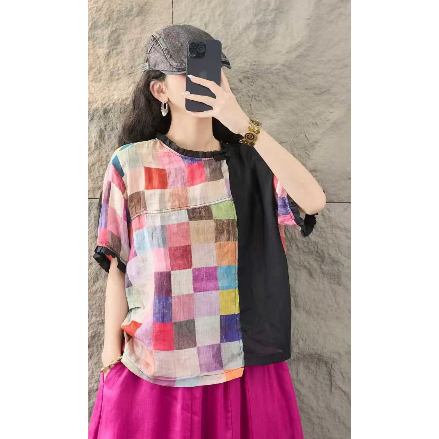 290苎麻衬衣衬衫拼色花朵女款90-150斤