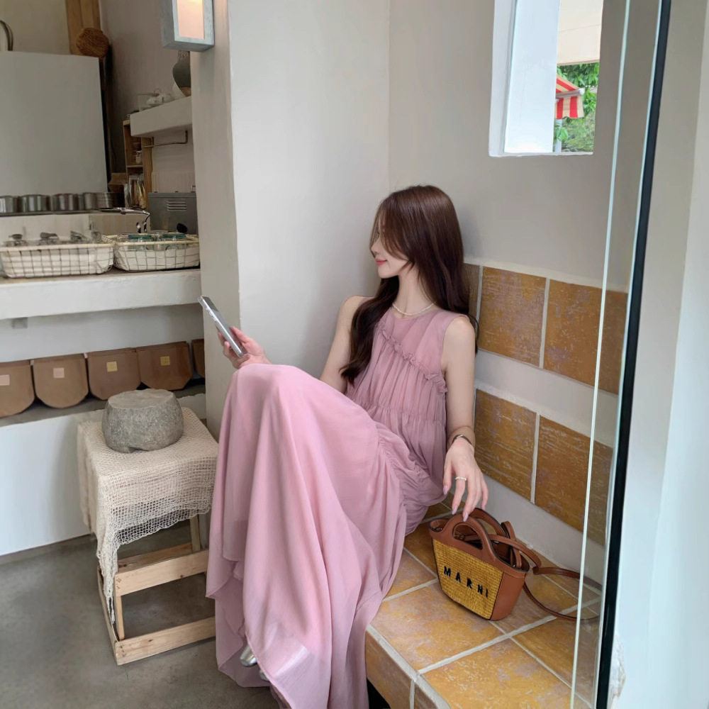 实拍粉色边无袖连衣裙女甜美减龄连衣裙