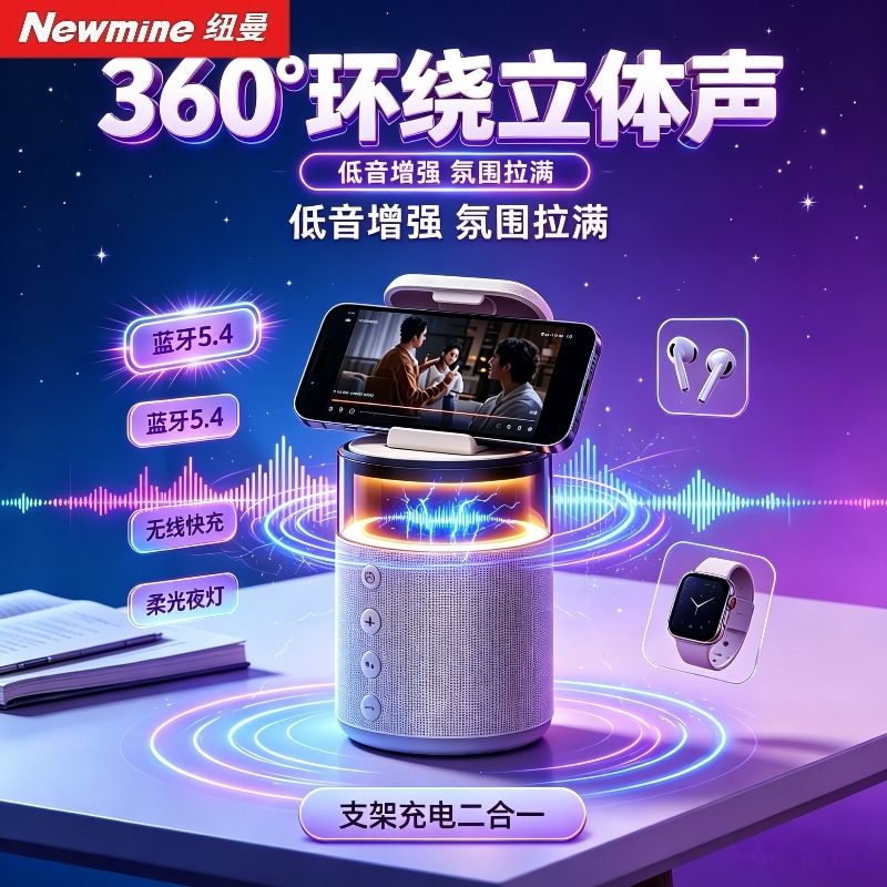 纽曼桌面追剧神器蓝牙音响无线快充手机支架立体音效氛围灯小音箱