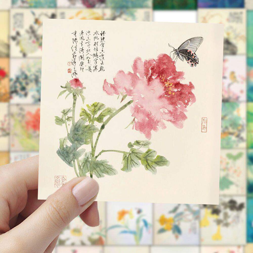59张中国古风贴纸复古卡通小图案艺术水墨画装饰手账防水标签贴画