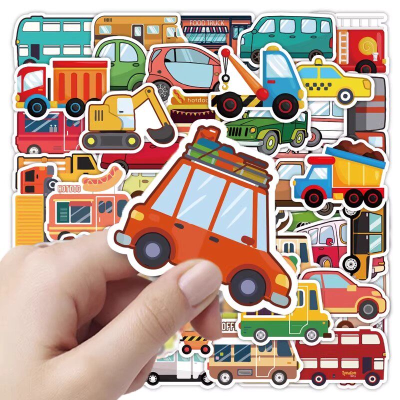 890张儿童卡通玩具车贴纸小图案消防车diy周边行李箱手账装饰标