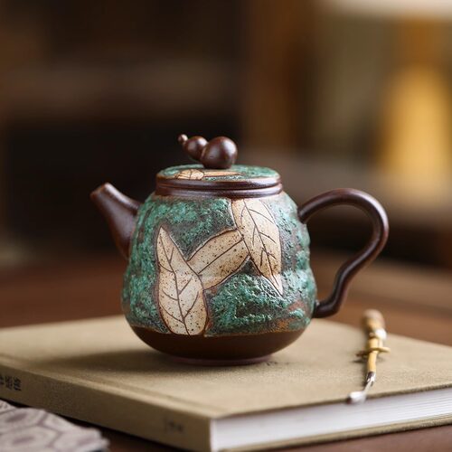 绿松石刻绘老岩泥茶壶福禄泡茶壶
