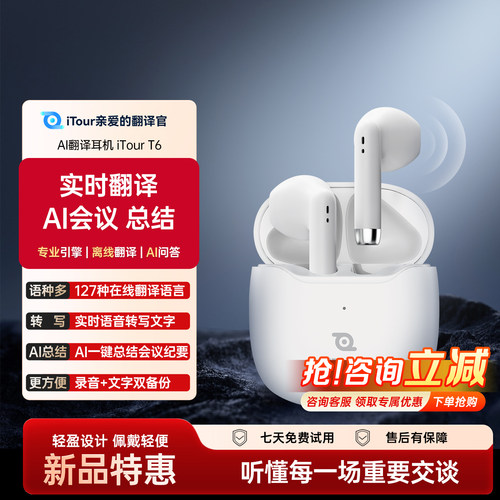 iTour亲爱的翻译官 实时同声翻译耳机T6  AI智能会议录音转写蓝牙