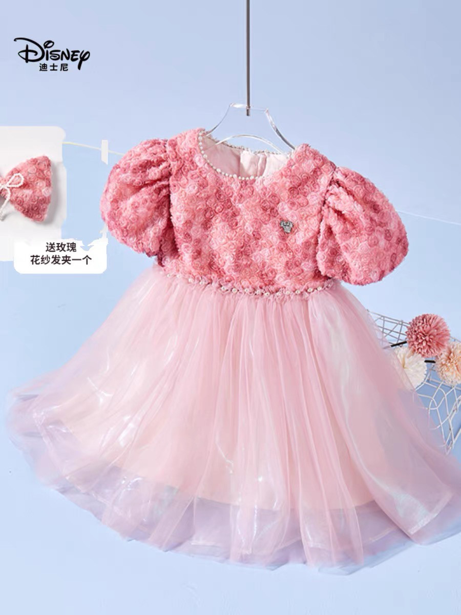 迪品牌新款女童玫瑰泡泡袖碎花点缀蝴蝶结蓬蓬纱淑女a字裙连衣裙