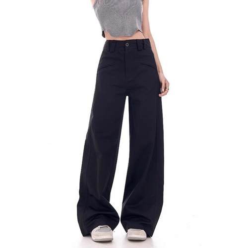靓丽阁大码女装黑色阔腿裤女大码高腰垂感显瘦宽松休闲微喇西装裤