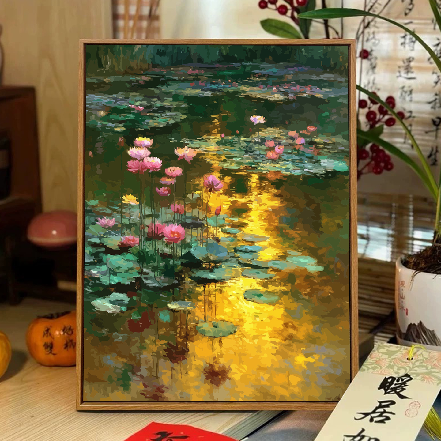 夕阳下的睡莲diy数字油画荷花风景丙烯画手绘高颜值填涂色装饰画图片