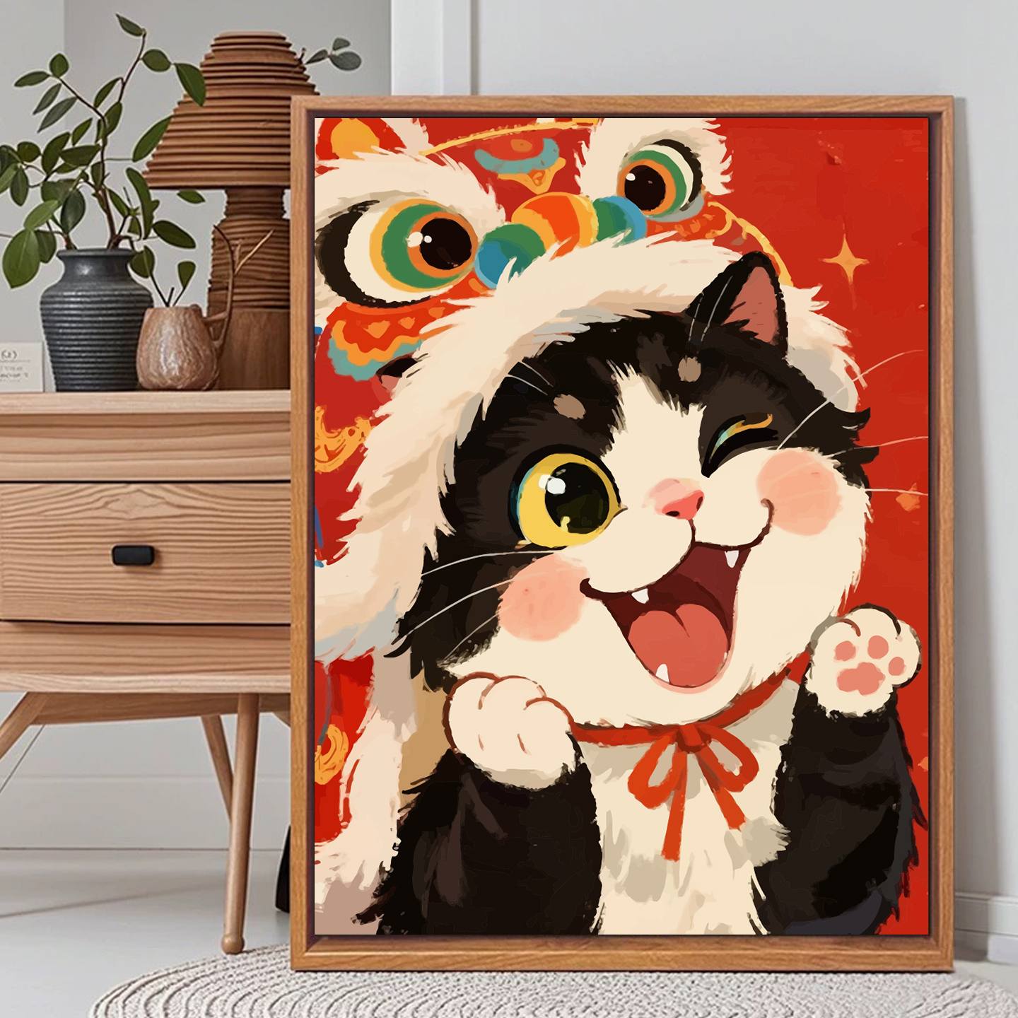 新中式猫咪舞狮萌宠数字油画diy手工填充丙烯高颜值卡通装饰挂画图片