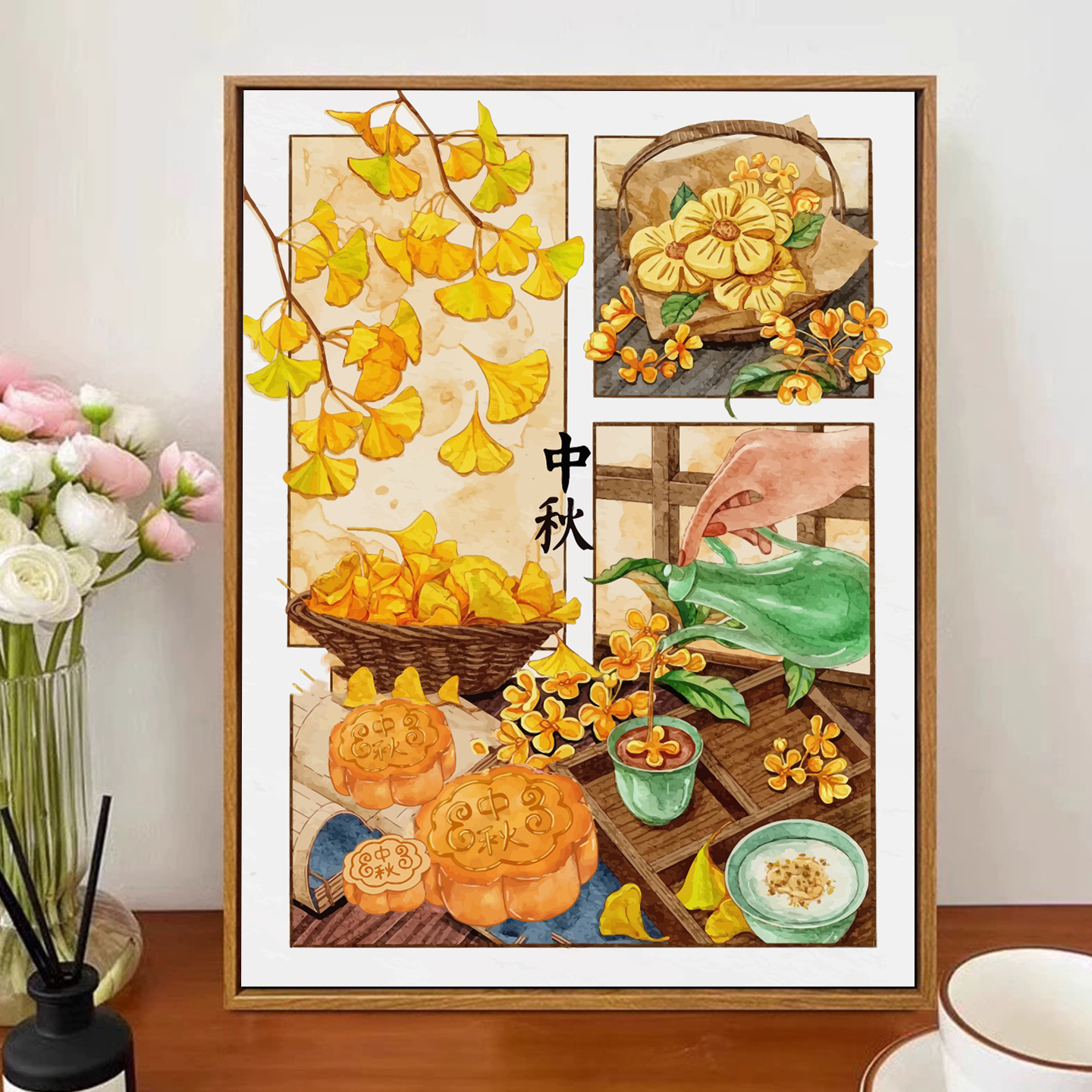 国风中秋节气分镜数字油画手工diy填充丙烯荷花客厅摆件装饰挂画图片