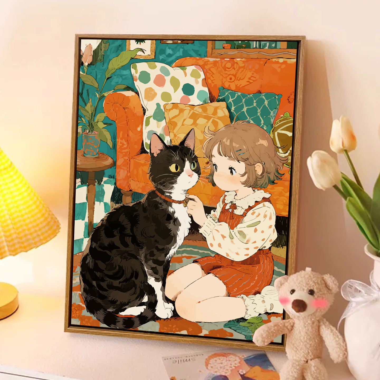 女孩与猫咪卡通diy数字油画森系治愈手绘填涂色丙烯画解压装饰画图片