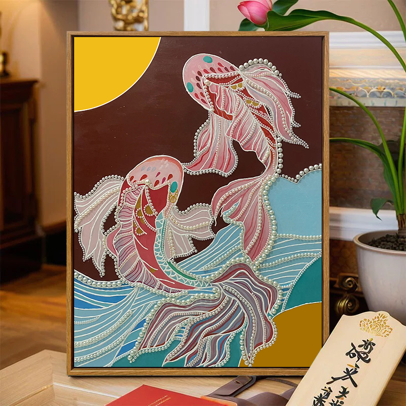 好运锦鲤年年有鱼diy数字油画手绘丙烯珍珠高颜值客厅摆件装饰画图片