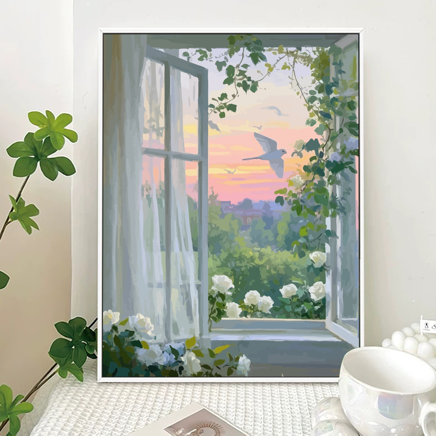 白玫瑰窗景diy数字油画手绘填色