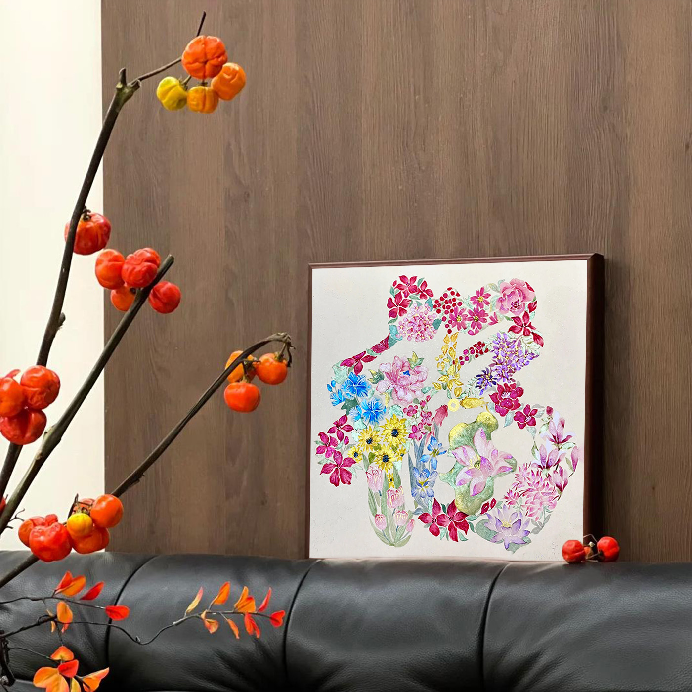 新年百花送福数字油画diy填充色