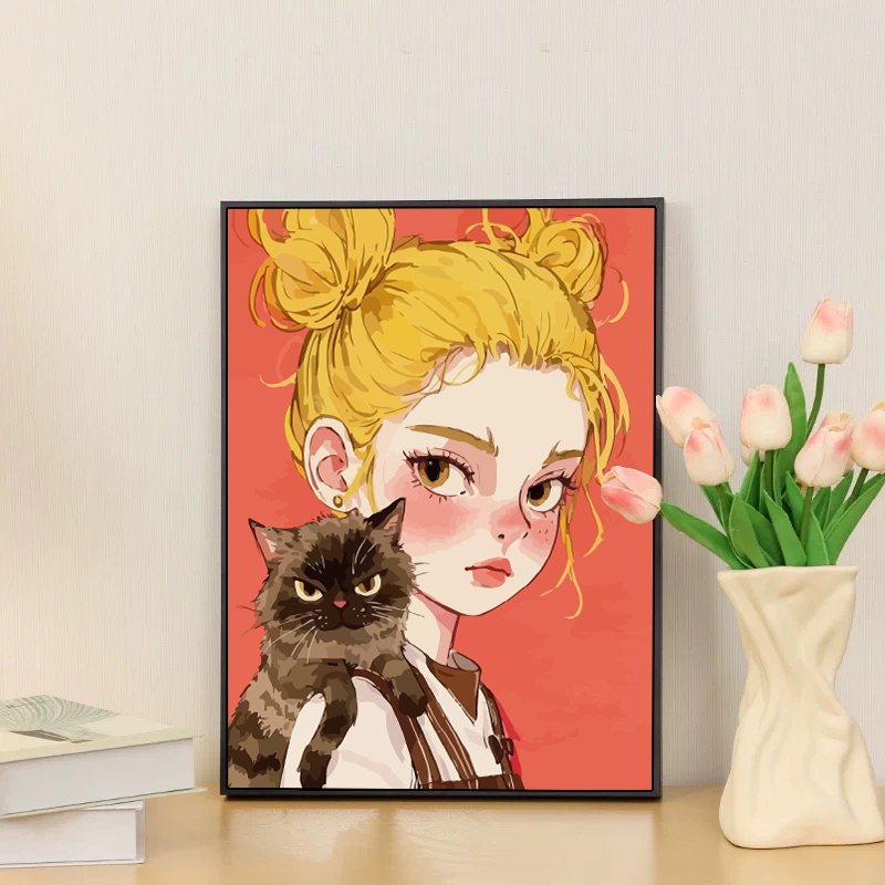 卡通女孩猫咪涂鸦艺术数字油画diy手工丙烯填色填充多巴胺装饰画图片