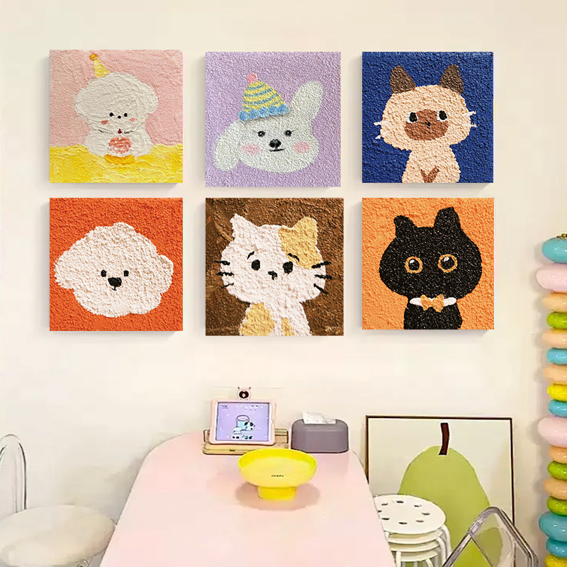 卡通猫咪狗狗石英砂肌理画小尺寸图片