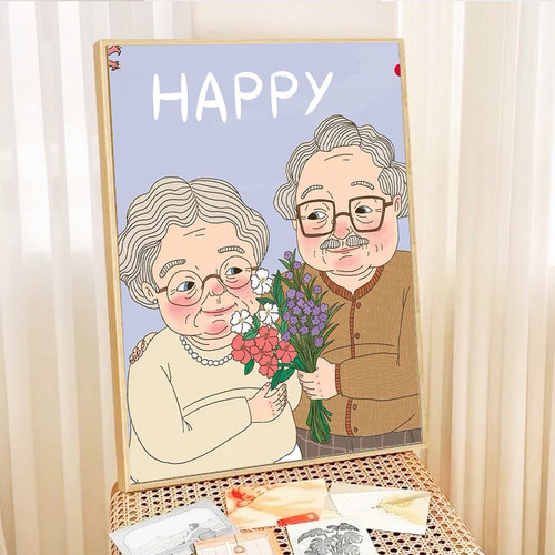 丙烯简约老年情侣插画数字油画