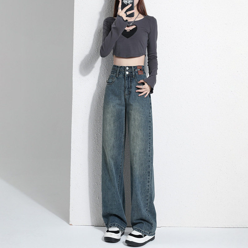 复古阔腿牛仔裤女2025新款爆款春季小个子窄版春秋直筒拖地裤