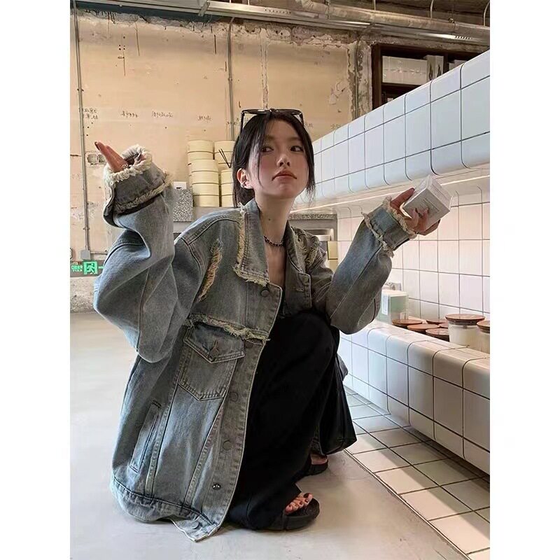 复古毛边做旧破洞牛仔外套女春秋宽松休闲百搭工装夹克上衣潮ins