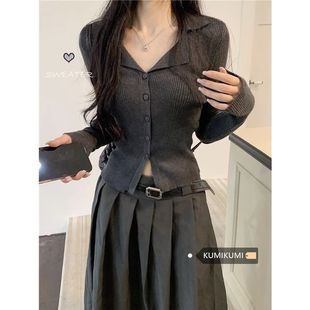 v領(lǐng)翻領(lǐng)針織衫 外套外搭長袖 灰色開衫 女早秋季 顯瘦打底上衣潮 修身