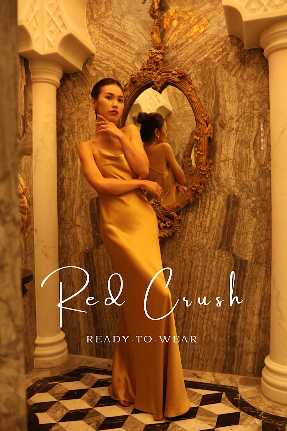 RedCrush 鎏金时代 日本进口醋酸斜裁露背鱼尾拖地吊带半裙连衣裙