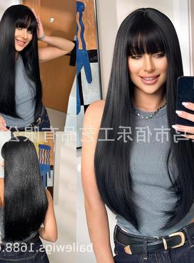跨境热卖假发黑色齐刘海长直发全头套高温丝厂家wigs