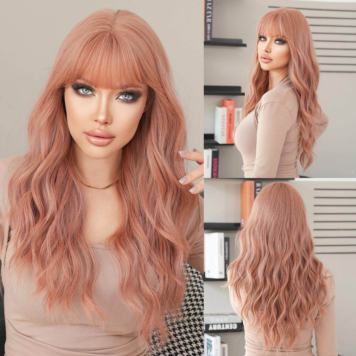 跨境TikTok粉棕色长卷发假发女齐刘海大波浪自然全头套日常派对用
