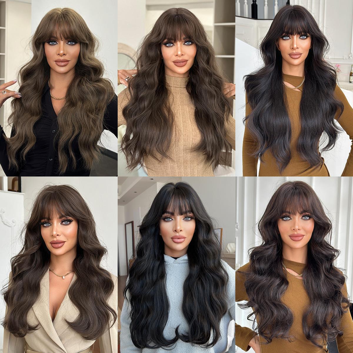 2025自然黑茶棕色齐刘海长卷发假发女生全头套日常使用高品质假发