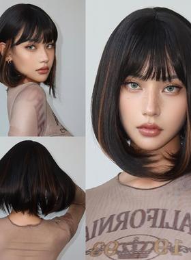 黑色挑染假发齐刘海波波头bobo短直发自然日常高温丝wigs