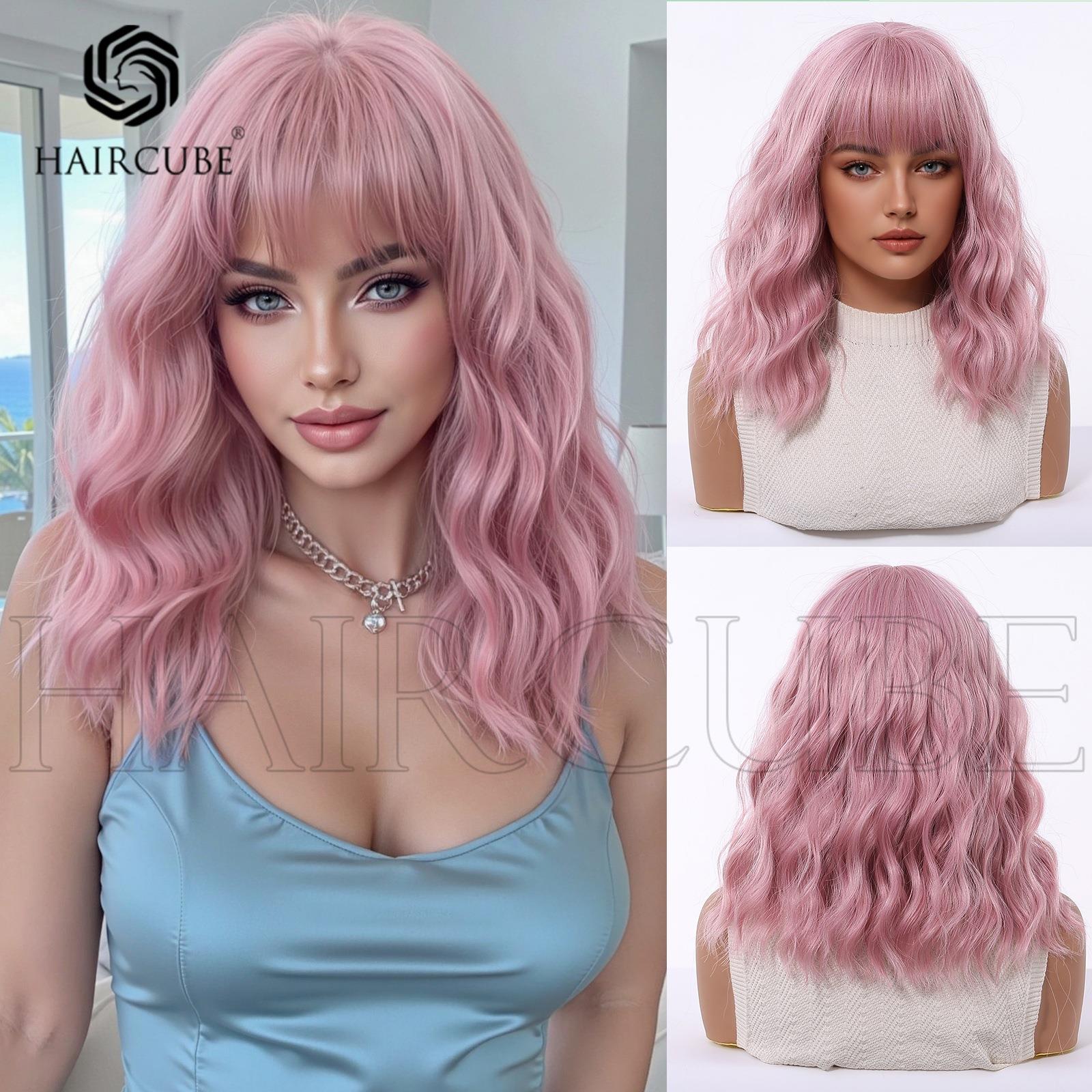 短卷发节日款音乐节用齐刘海中长粉波浪纹女机制化纤假发头套