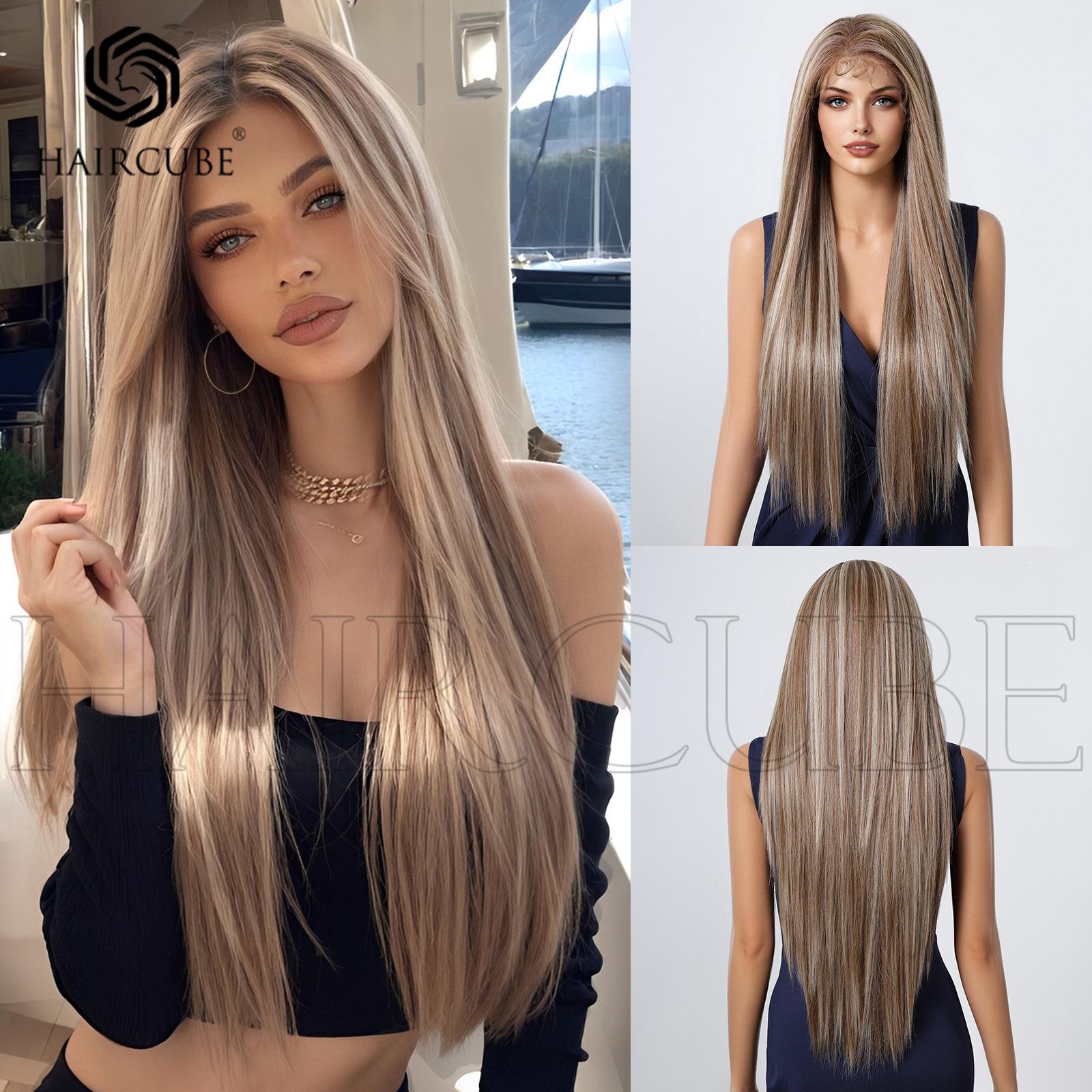 假发女挑染欧美风13*6蕾丝自由分缝卡尼卡纶跨境亚马逊长直发假发