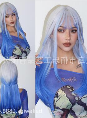 跨境假发新款蓝色渐变齐刘海长直发万圣节cos高温丝厂家直销wigs
