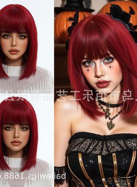 新款红色假发万圣节齐刘海假发齐肩bobo直发跨境厂家现货hair